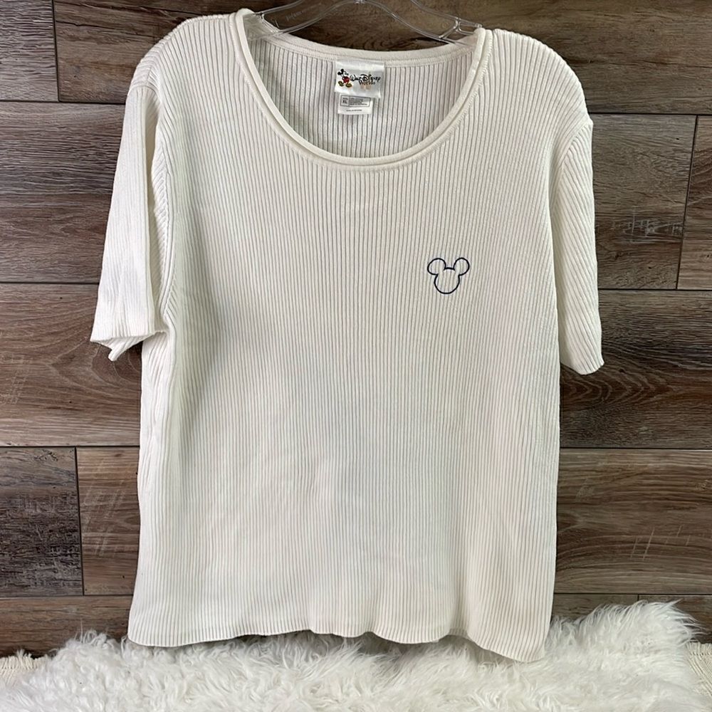 Walt Disney World Ladies Ribbed Scoop Neck Embroidered Mickey Shirt Top Size XL